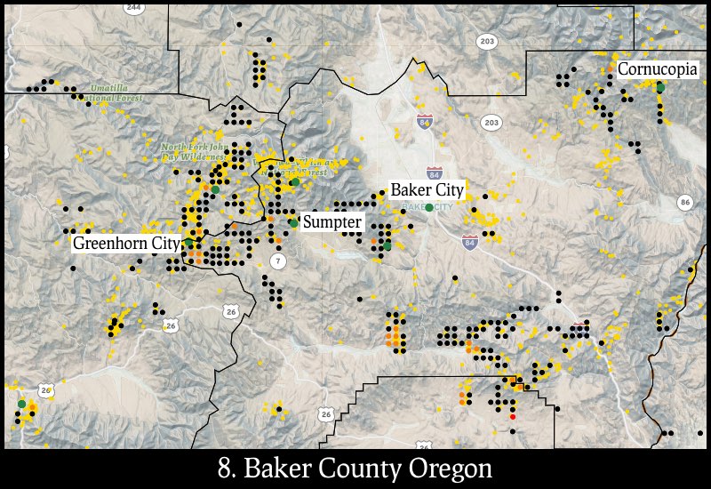 Distribution of gold mines and placer claims in Baker County, Oregon