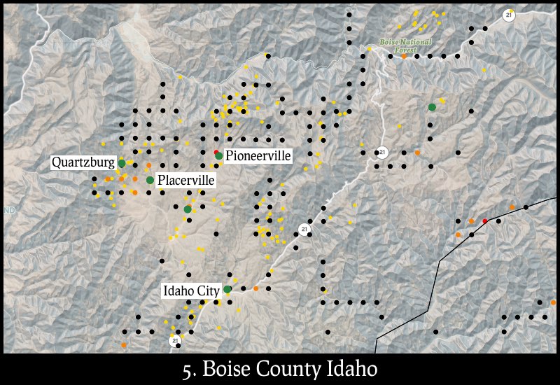 Distribution of gold mines and placer claims in Boise County, Idaho