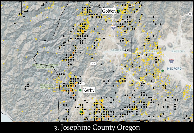 Distribution of gold mines and placer claims in Josephine County, Oregon