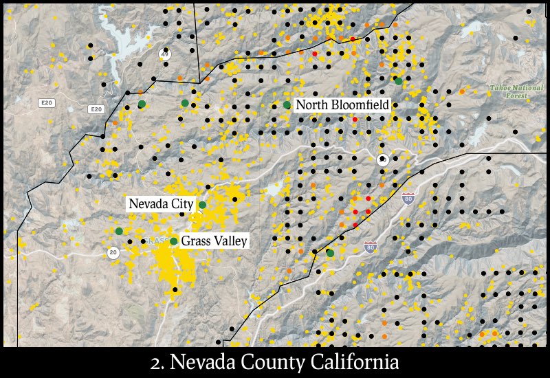 Distribution of gold mines and placer claims in Nevada County, California