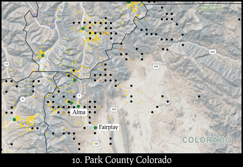 Distribution of gold mines and placer claims in Park County, Colorado