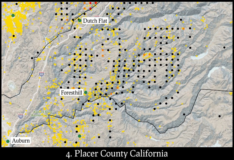 Distribution of gold mines and placer claims in Placer County, California