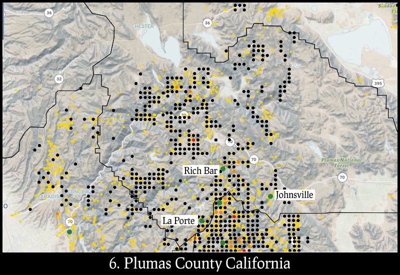 Distribution of gold mines and placer claims in Plumas County, California