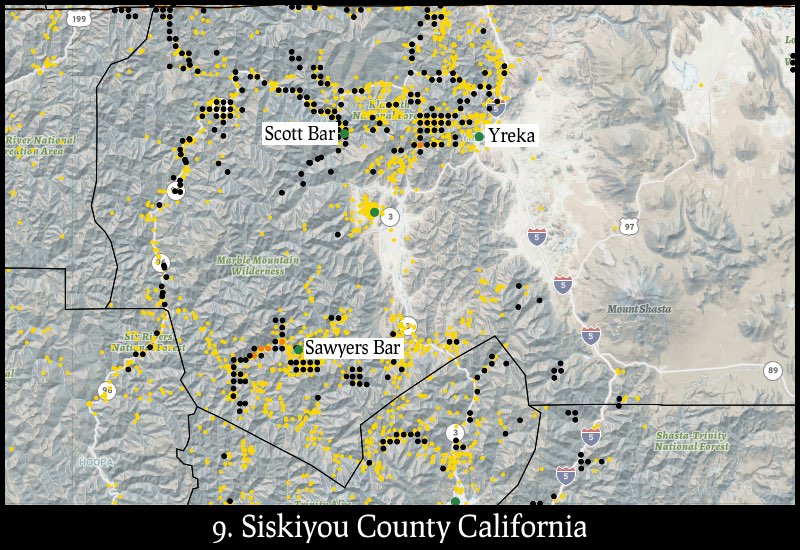 Distribution of gold mines and placer claims in Siskiyou County, California