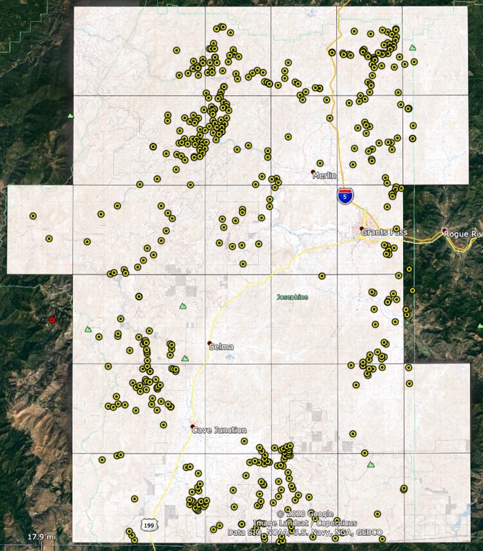 Josephine County Oregon Forest Service topo map coverage and gold mine distribution