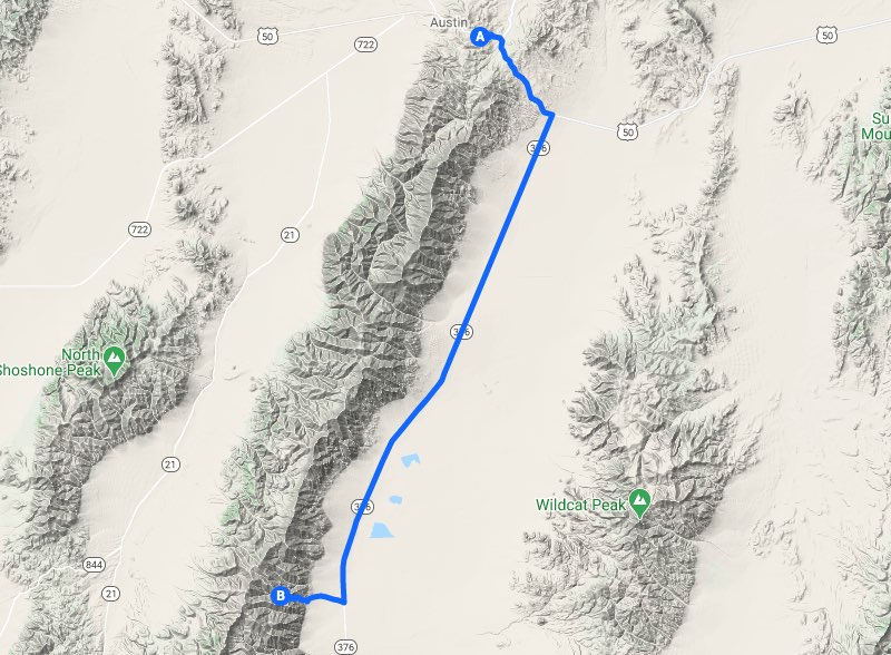 Route from Austin to Ophir Nevada