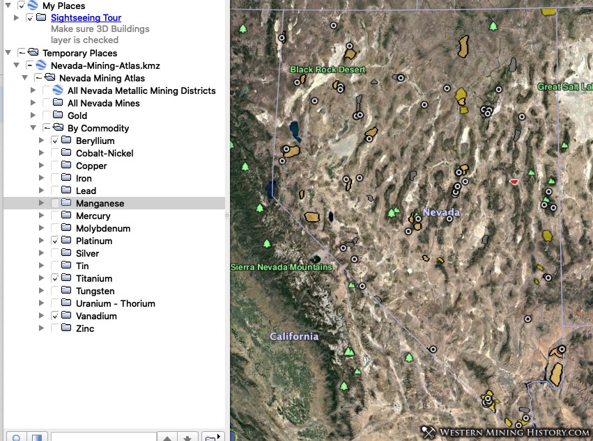 Beryllium, platinum, titanium, and vanadium mines and districts in Nevada